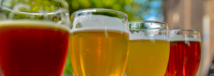 Dégustation de bières artisanales colorées en plein air à Charlevoix, mettant en avant les expériences gourmandes uniques de la région.